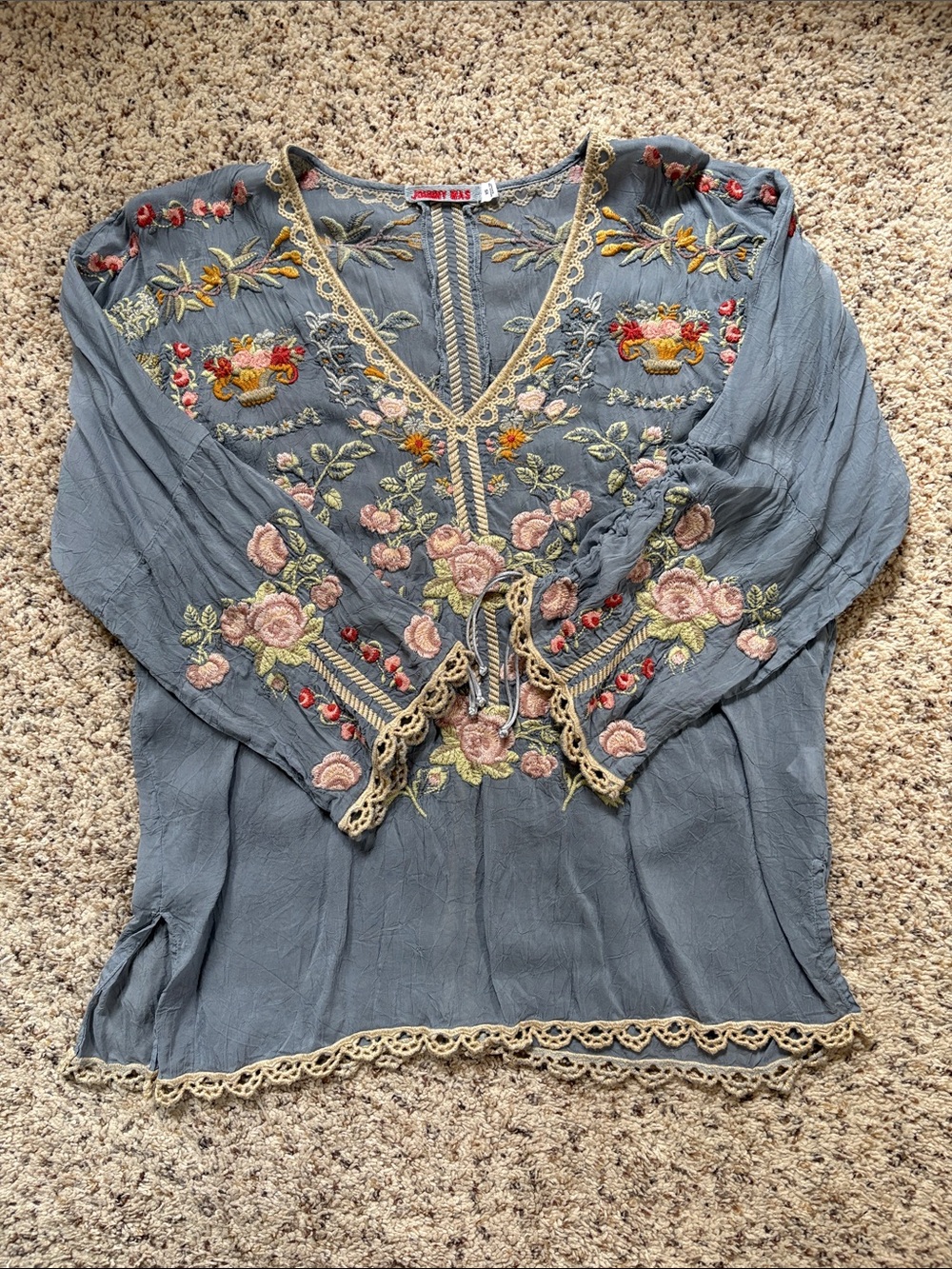 Johnny Was Slate Blue Embroidered Floral Tunic
